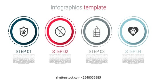 Set Animal health insurance, Anti worms parasite, Cage for birds and Heart with animals footprint. Business infographic template. Vector