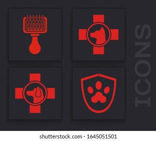 Set Animal health insurance, Hair brush for dog and cat, Veterinary clinic symbol and Veterinary clinic symbol icon. Vector