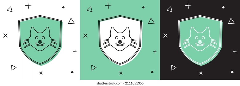 Set Animal health insurance icon isolated on white and green, black background. Pet protection concept. Dog or cat paw print.  Vector