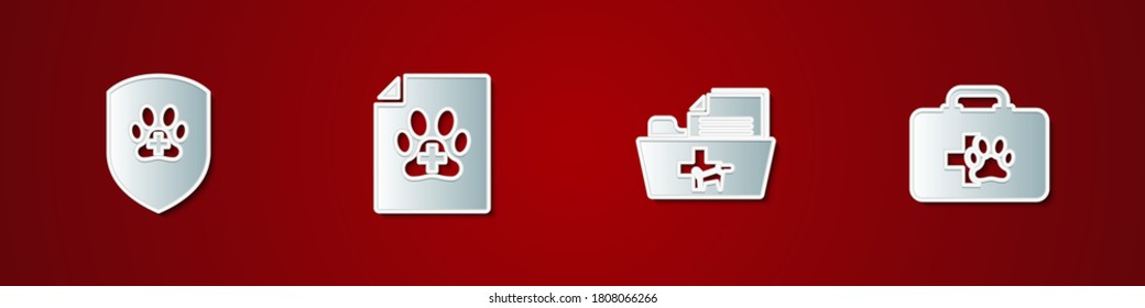 Set Animal health insurance  Medical certificate for dog cat  veterinary record folder   Pet first aid kit icon  Vector 