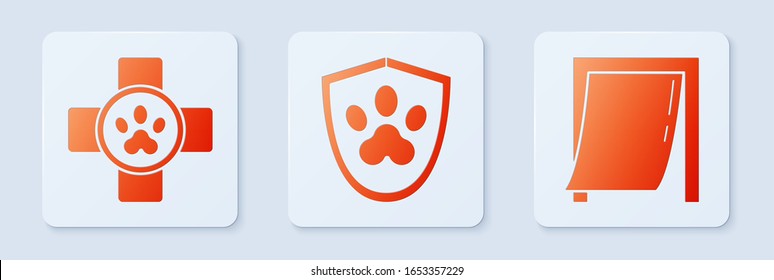 Set Animal health insurance, Veterinary clinic symbol and Door for pet. White square button. Vector