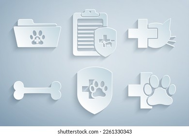 Set Animal health insurance, Veterinary clinic, Dog bone, , Clinical record pet and Medical veterinary folder icon. Vector