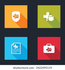 Set Animal health insurance, Veterinary clinic, Medical certificate for dog or cat and Pet first aid kit icon. Vector