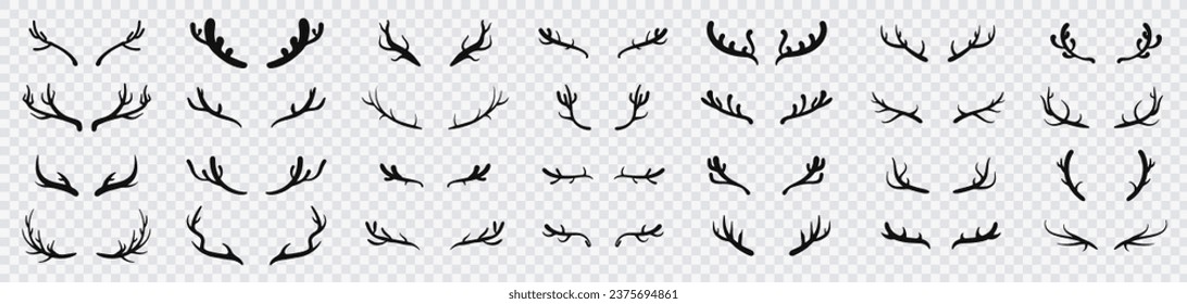 Set of animal horns. Black silhouettes of horns isolated on transparent background. Horns icons.