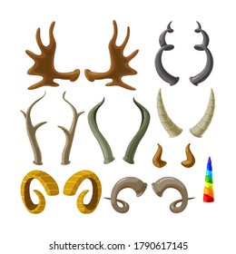 Set of Animal Horns Isolated on White Background. Deer, Reindeer or Elk with Gazelle and Unicorn. Hunter Trophy Antelope, Cow and Moose Horns. Cartoon Vector Illustration, Icons or Symbols Collection