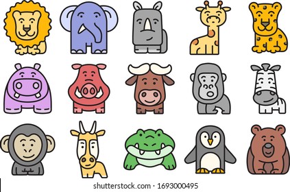 Set of animal icons in color in a modern flat style. Simple linear vector characters.