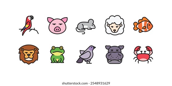 Conjunto de iconos de animales. colorido paquete de iconos de animales contiene iconos como loro, león, cerdo, rata, oveja, cangrejo, etc.