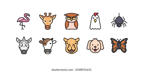 Set of animal icons. colorful animal icon pack contains icon such as cow, owl, camel, zebra, spider, dog, etc