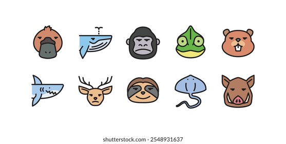 Set of animal icons. The colorful animal icon pack contains icons such as platypus, whale, chameleon, gorilla, beaver, deer, etc.