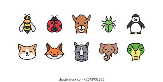 Conjunto de iconos de animales. El paquete de iconos de animales coloridos contiene iconos como gato, llama, rinoceronte, zorro, elefante, insecto, pingüino, etc