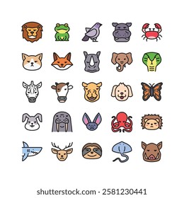 Set of animal icons. Filled outline animal icon pack contains icon such as lion, hippo, pigeon, crab, cow, rabbit, etc	
