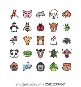 Set of animal icons. Filled outline animal icon pack contains icon such as parrot, pig, sheep, turtle, owl, panda, horse etc	
