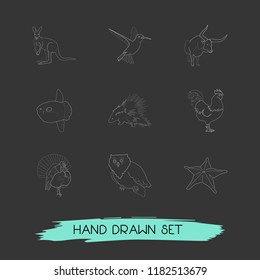 Set of animal icons line style symbols with rooster, kangaroo, blowfish and other icons for your web mobile app logo design.