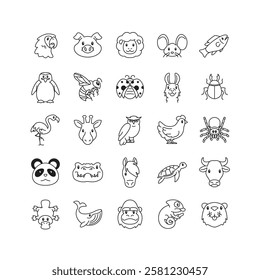 Set of animal icons. Outline animal icon pack contains icon such as parrot, pig, sheep, turtle, owl, panda, horse etc