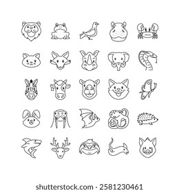 Set of animal icons. Outline animal icon pack contains icon such as lion, hippo, pigeon, crab, cow, rabbit, etc	
