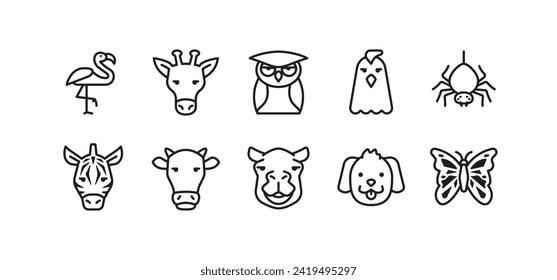 Set of animal icons. Simple outline animal icons pack contains icon such as cow, owl, camel, zebra, spider etc