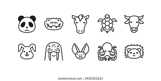 Set of animal icons. Simple outline animal icons pack contains icon such as panda, crocodile, horse, turtle, rabbit, walrus etc. editable stroke
