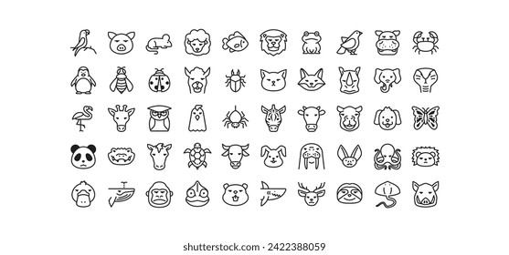 Set of animal icons. Simple outline animal icons pack contains icon such as platypus, whale, cat, horse, gorilla, cow, mammals, reptiles, pets, wildlife etc. editable stroke