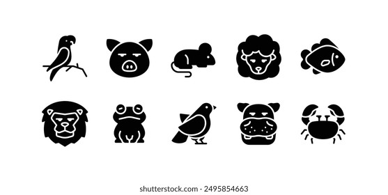 Set of animal icons. solid glyph animal icon pack contains icon such as bird, pig, frog, sheep, lion, fish etc