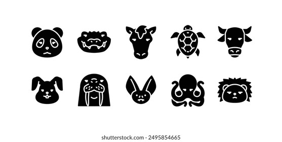 Set of animal icons. Solid glyph animal icon pack contains icon such as panda, crocodile, horse, turtle, rabbit, walrus etc.