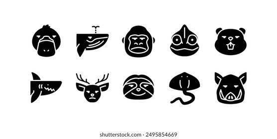 Set of animal icons. Solid Glyph animal icon pack contains icon such as platypus, whale, chameleon, gorilla, beaver, deer etc.