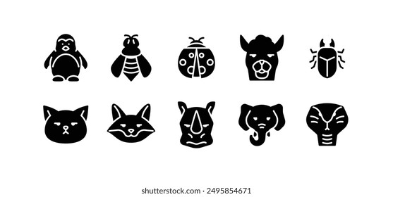 Set of animal icons. Solid glyph animal icons pack contains icon such as cat, llama, rhino, fox, elephant, insect, penguin etc	
