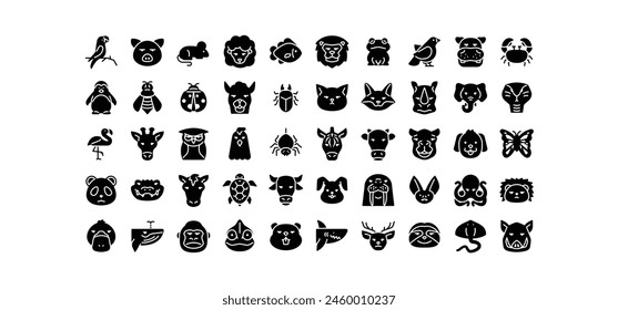 Set of animal icons. Solid animal icons pack contains icon such as platypus, whale, cat, horse, gorilla, cow, mammals, reptiles, pets, wildlife etc.	
