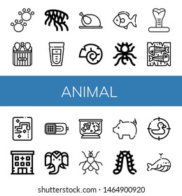 Set of animal icons such as Animal, Chicken leg, Flea, Milk, Chicken, Nautilus, Fish, Pheidole, Cobra, Mackerel, Snake, Hospital, Ham, Wild life, Fish tank, Fly, Pig , animal