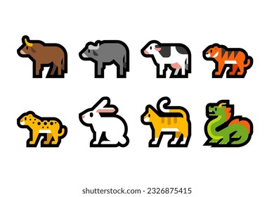 a set of animal illustrations buffalo, tiger, lion, cow, cat and rabbit