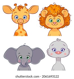 Set of animal kids on the white background. Vector collection with african fauna: giraffe, lion, elephant, ostrich.