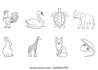 Set of Animal Line Art – Elephant, Turtle, Rooster, Rabbit, Fox, Giraffe, Lizard, and Swan Illustrations on White Background