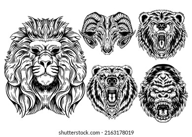 Set Animal Lion Bear Goat and Kong Beast Dark Art Hand drawn Hatching Outline Symbol Tattoo Merchandise T-shirt Merch vintage