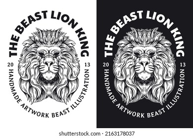 Set Animal Lion Beast Dark Art Hand drawn Hatching Outline Symbol Tattoo Merchandise T-shirt Merch vintage