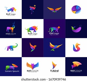 Set of animal logo colorful. Bull, cat, bird, bat, flamingo, fish, rabbit, fox logo. 