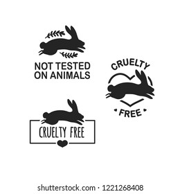 Set animal logo cruelty free. Sign with silhouette rabbit and flower and nature leaf. Design stapm for product not tested on animals. Layout Badge for natural cosmetic.  Vector symbol