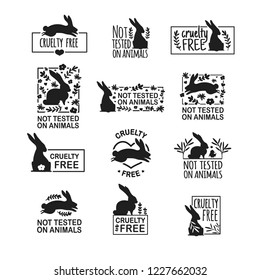 Set animal logo cruelty free. Sign with silhouette rabbit and flower and nature leaf. Design stapm for product not tested on animals. Layout Badge for natural cosmetic.  Vector symbol.