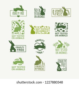 Set animal logo cruelty free. Sign with silhouette rabbit and flower and nature leaf. Design stapm for product not tested on animals. Green Layout Badge for natural cosmetic.  Vector symbol.