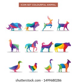 Set Of Animal Logo . Wild Animals Jungle Pets Logo Colorful Of Geometric Polygon Abstract Character And Nature Art Graphic Creative Zoo Triangle Vector Illustration