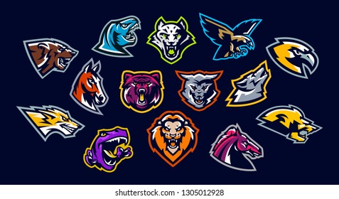 Set of animal logos. Bear, dinosaur, eagle, leopard, wolf, horse, fox, lion, grizzly, raptor, hawk, jaguar, cat, lynx, leo, stallion, birds. Sports mascots, colorful collection, vector illustration