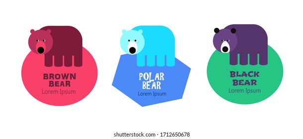Set of animal logos. Brown bear, polar bear and black bear. Editable logo template, icon and text, isolated, white background. Vector illustration