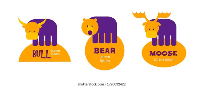 Set of animal logos - bull, bear and moose. Editable logo template - icon and text, isolated, white background. Vector illustration