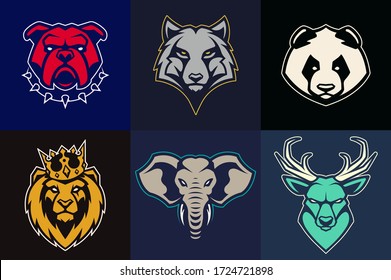 Set of animal mascots with different colors. Vector animal heads with determined expression. Good for logo design, sport emblem, brand mascot, avatar. Vector icon set.