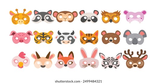 Set of animal mask set collection, Photo booth props of beasts face masks, wild and domestic animals head for party masquerade, Cartoon animal carnival party masks. Festival holiday or birthday.