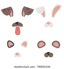 Set of animal masks. Dog, cat, bunny, bear. Face filters for a selfie application. Flat editable vector illustration, clip art