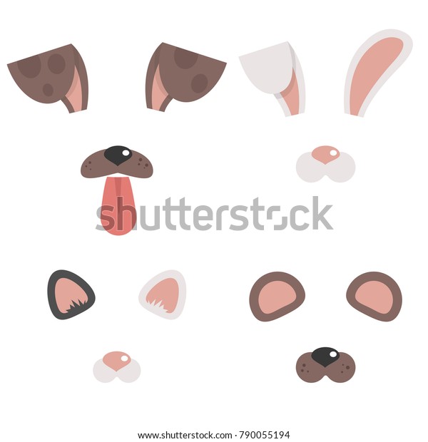 Set of animal masks. Dog, cat, bunny, bear. Face\
filters for a selfie application. Flat editable vector\
illustration, clip art