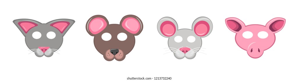 set of animal masks for the holiday. collection of face bears, mice, pig and cat