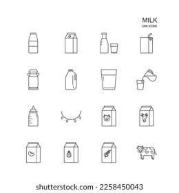 Set of animal milk and cereal milk vector line icon on white background.