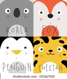 Set of animal muzzles koala, fox, penguin, cheetah drawing in cute cartoon style