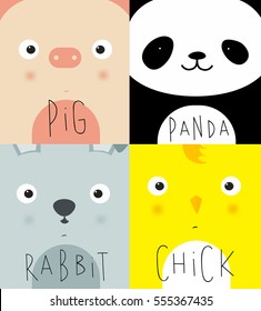 Set of animal muzzles pig, panda, rabbit, chick drawing in cute cartoon style