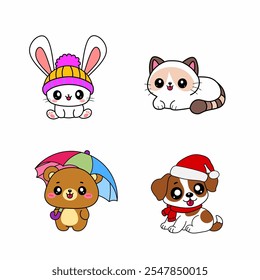 Set of animal on kawaii style illustration, happy teddy bear, siamese cat, puppy, bunny characters isolated on white background.